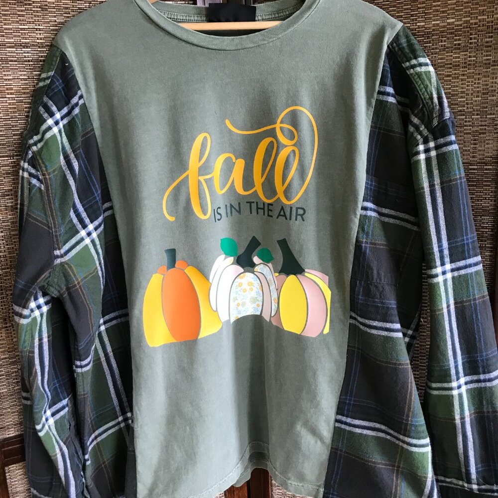 Upcycled Autumn Flannel Shirt Reworked Oversized Pumpkins Graphic Plus Size - Picture 11 of 13